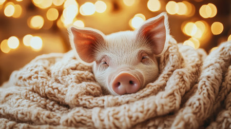 Adorable mini pig snug under cozy blanket, soft lighting highlighting its peaceful rest.の素材