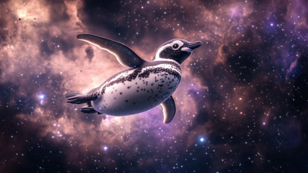 Astral penguin floating in a cosmic galaxy, shimmering stars adding a magical touchの素材
