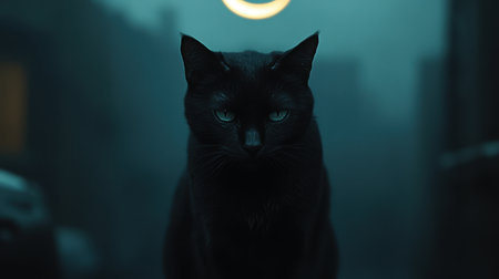Black cat with piercing eyes, crescent moon above, dark and misty scene with eerie ambiance.の素材