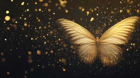 Butterfly glowing in golden dust against a dark background, surrounded by glistening stars.の素材