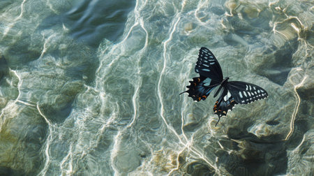 Butterfly resting on the water, framed by light ripples, highlighting nature delicate balance in a tranquil setting.の素材