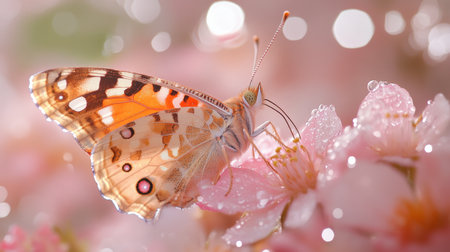 Close-up of a butterfly on a dewy flower, droplets glistening on its wings, against a soft backgroundの素材