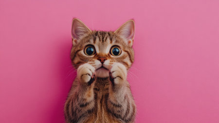 Cat looking shocked, paws up by face, pink background for contrast and copy space.の素材