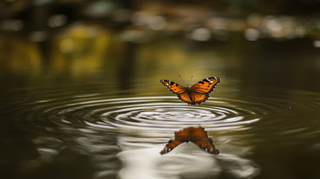Close-up of a butterfly softly landing on water, creating ripples in a serene natural backdrop.の素材