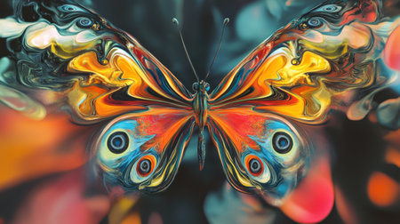 Colorful abstract butterfly painted in swirling patterns, vibrant and full of energy.の素材