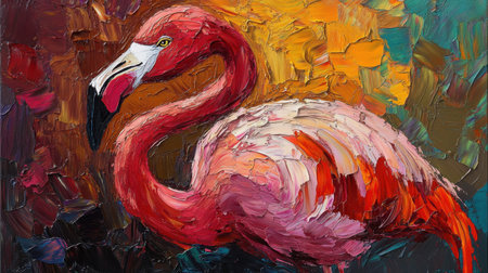 Colorful oil painting of a flamingo, textured canvas background enhancing its vibrant colors and detail.の素材