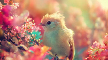 Close-up of a cony bird standing in a colorful garden, surrounded by blooming flowers, with its feathers ruffled by a light breezeの素材