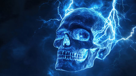 Skull art with intense blue lightning bolts illuminating its surface, emphasizing texture and shadows in a dark setting.の素材