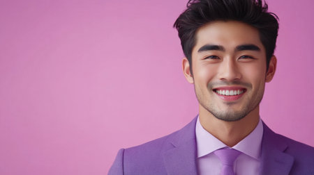 A model portrait of a young Asian man in purple business wear, radiating confidence and style, with space for text in an advertising concept.の素材