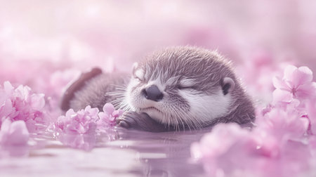 Baby otter floating in pastel river with flowers, peaceful expression and soft fur, creating a tranquil atmosphereの素材