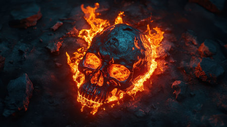 Realistic skull illuminated by vibrant fire, showcasing its textures and dramatic contours on a dark background.の素材