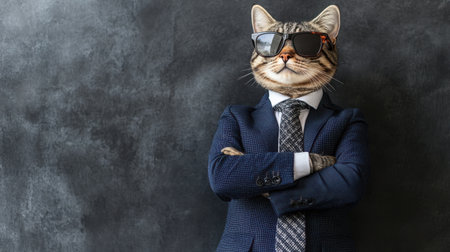 Business cat in a navy suit, tie, and trendy sunglasses, posed confidently with crossed arms in modern business environmentの素材