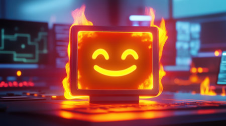 Cheerful firewall greeting cartoon hacker, symbolizing effective digital security with bright, fun colorsの素材