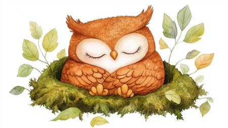 Charming watercolor baby owl illustration, peacefully nestled among moss and leaves in a cartoonish nestの素材