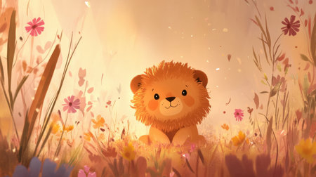 Cartoon lion cub with soft mane, set in pastel savannah with wildflowers, creating a peaceful and playful vibeの素材