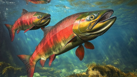 Vibrant painting of Chinook salmon swimming in blue, fresh river water with strong currents and rich colors.の素材