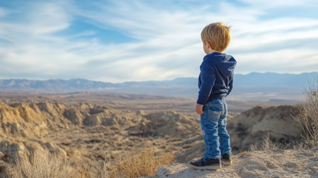 Child standing on edge of dry, barren landscape, looking out with curiosity and concern, symbolizing climate impactの素材