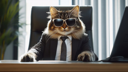 Business cat in a suit and tie with sleek sunglasses, sitting confidently against a minimalist office background, paws on deskの素材