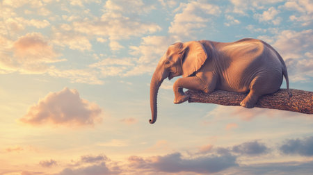 A solitary elephant gazes into the distance from its position on a tree branch, sky with gentle clouds and warm lightingの素材
