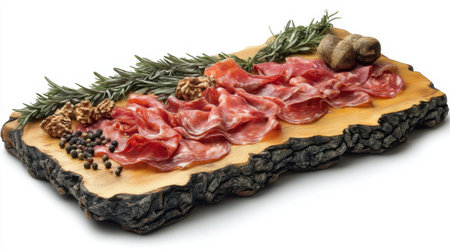 Wooden board with sliced prosciutto, rosemary sprigs, and peppercorns, creating a rustic, appetizing look.の素材