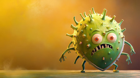 Cartoon virus struggling against strong shield, symbolizing data security, bright background with space for textの素材