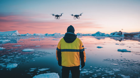 Engineer operates drone amidst Arctic landscape, icy blue surroundings highlighting tech-driven explorationの素材