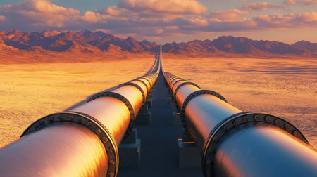Aerial shot of oil pipelines weaving through vast desert, illustrating geopolitical energy infrastructure and supply chain dynamicsの素材