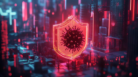 Detailed 3D scene with a Trojan virus icon halted by a strong shield, representing digital defense against online threatsの素材
