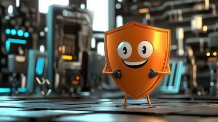 Cartoon shield character standing confidently in front of personal data icons, keeping hackers at bay with a happy expressionの素材