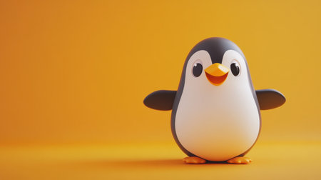Happy penguin cartoon against a vibrant orange background, playful and cute, designed for light-hearted themesの素材