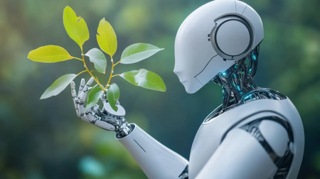 Digital innovations and AI-powered green technology in a futuristic setting, symbolizing sustainability and progressの素材