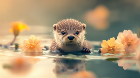 Cute baby otter in calm river scene, soft fur and gentle eyes, surrounded by pastel water and flowersの素材