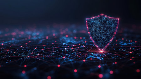 Digital shield icon with vibrant blue and red lights for cybersecurity, floating in a dark network grid backgroundの素材