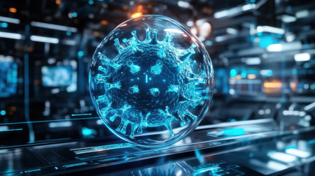 High-tech 3D shield stopping Trojan virus figure in a futuristic setting, reinforcing the concept of threat preventionの素材