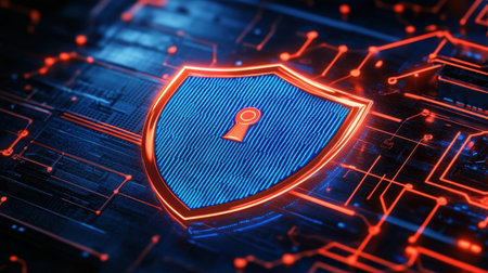 Digital shield icon with vibrant blue and red lights for cybersecurity, floating in a dark network grid backgroundの素材