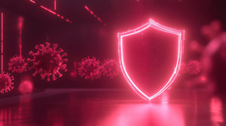 Glowing shield blocking a Trojan virus symbol, set in a digital space, illustrating the importance of cybersecurityの素材
