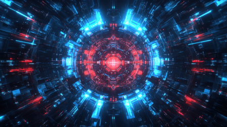 Futuristic shield emitting blue and red light effects, symbolizing active network defense in a 3D digital environmentの素材