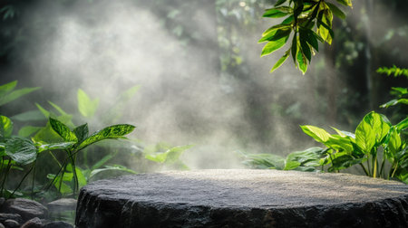 Zen-inspired stone podium amidst dense greenery and floating mist, set in a tranquil natural settingの素材