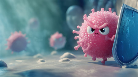 Cute virus character deflected by a determined shield, illustrating digital protection and data security, ample copy spaceの素材