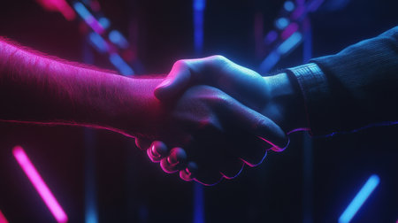 Digital and human handshake under neon lights, symbolizing innovative collaboration in a futuristic night settingの素材