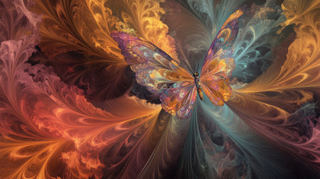 A digital artwork of a crystalline butterfly in flight, vivid colors and intricate wing patterns.の素材