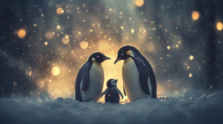 A heartwarming scene of a penguin family in the snow, with soft snowflakes falling around.の素材