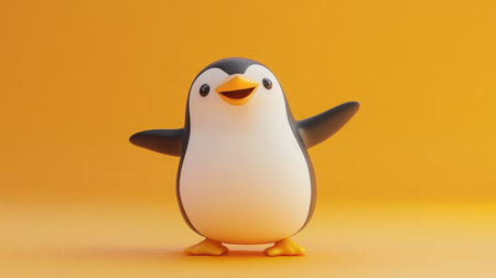 Cute penguin character on bright orange background, smiling and expressing joy, fun and friendly illustrationの素材