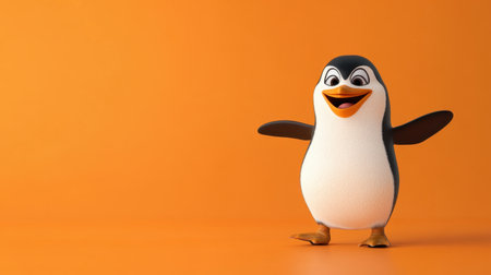 Cute penguin character on bright orange background, smiling and expressing joy, fun and friendly illustrationの素材