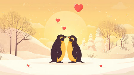 A pair of penguins in a wintery scene, facing each other, symbolizing Valentine romance.の素材