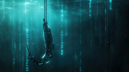 Cyber hook catching digital data, representing phishing attacks, high-tech design in blue and teal tonesの素材