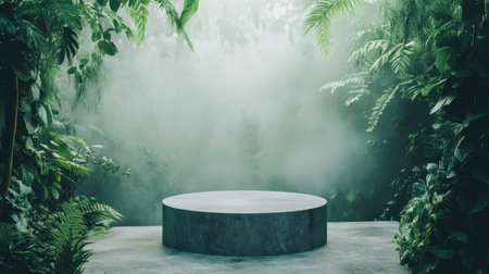 Stone podium surrounded by lush greenery and mist, evoking a calm and serene atmosphereの素材