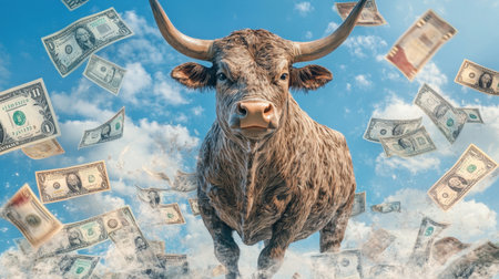 Majestic bull surrounded by floating currency notes, symbolizing financial prosperity, surrealistic background with blue skiesの素材