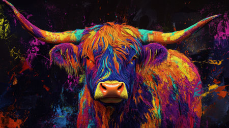 Abstract art Highland cow, colorful horns and artistic details creating a lively scene.の素材