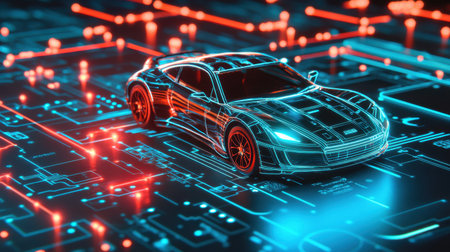 High-tech car gliding over a neon-lit circuit board, symbolizing advanced automotive technology and cybersecurityの素材